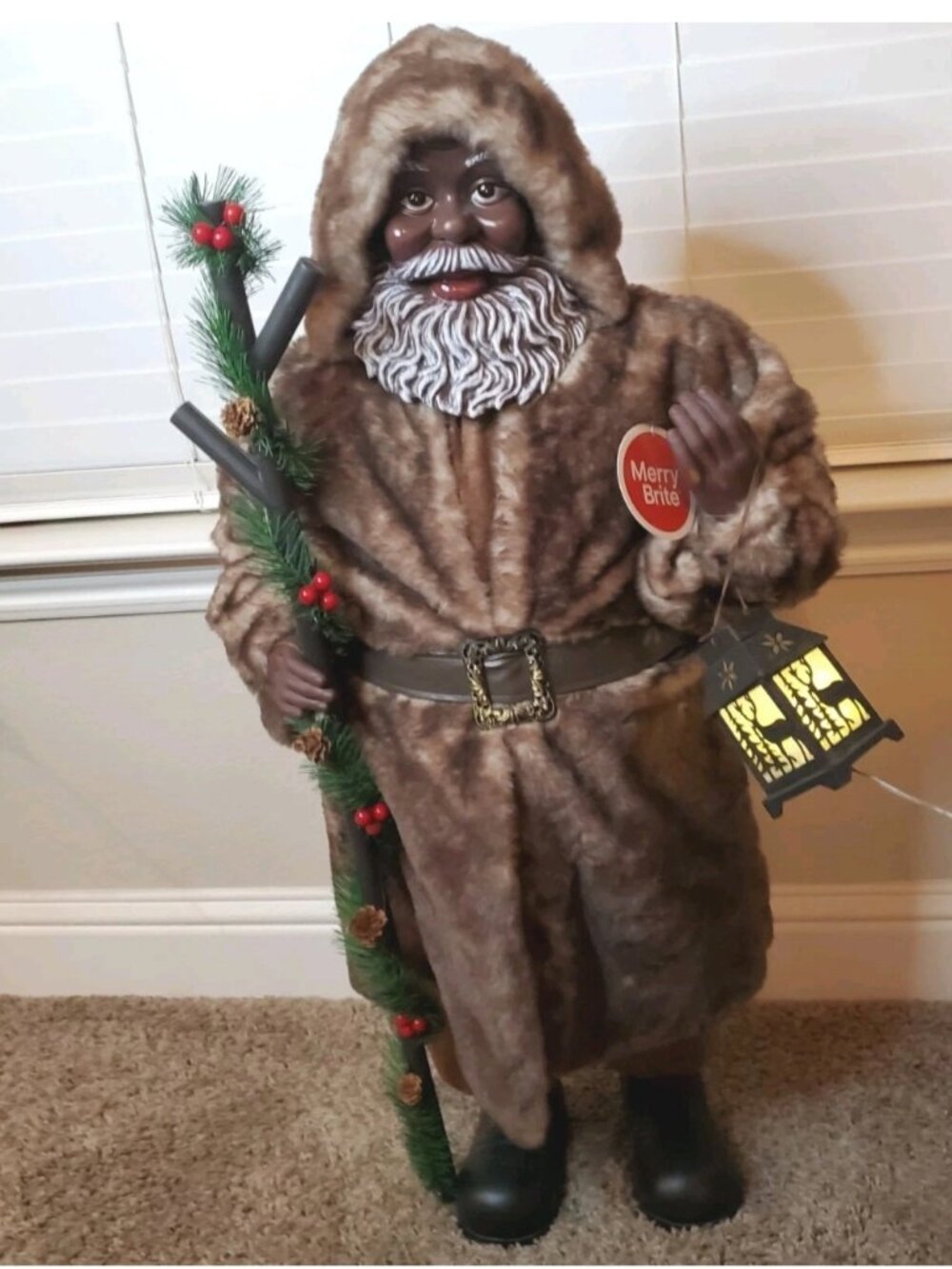 NEW 34" Santa Claus In Coat w/Staff & Lantern African American